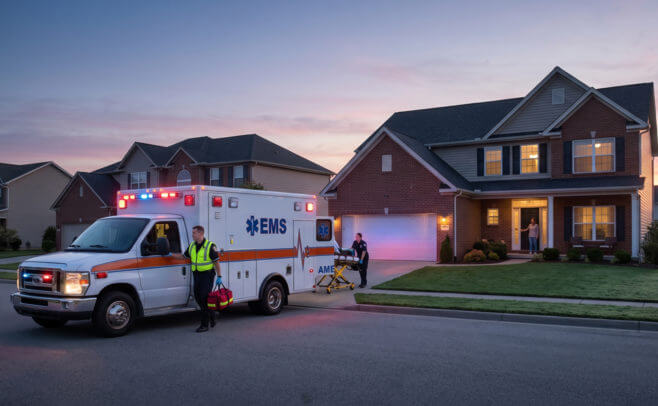 EMS at suburban home at dawn