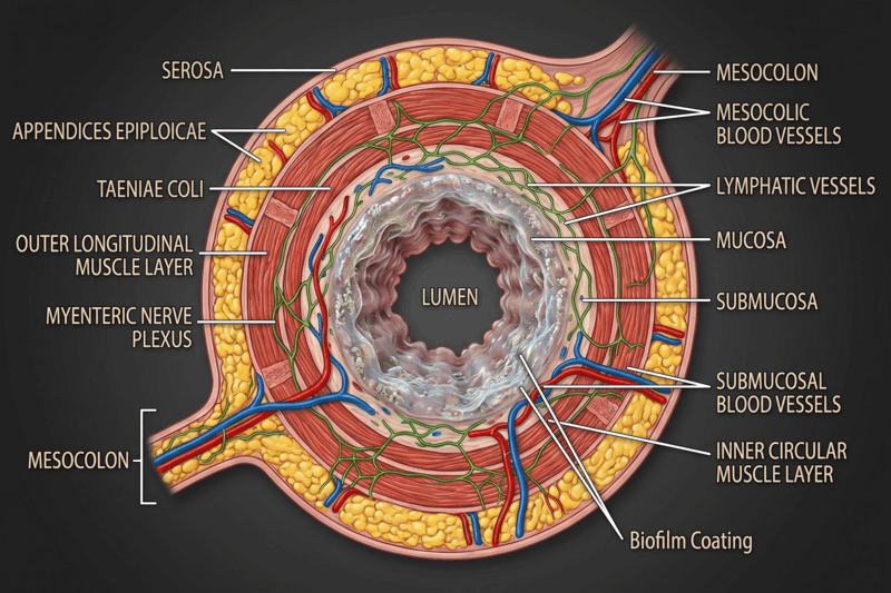Pathology reference image showing dark biofilm coating on intestinal walls
