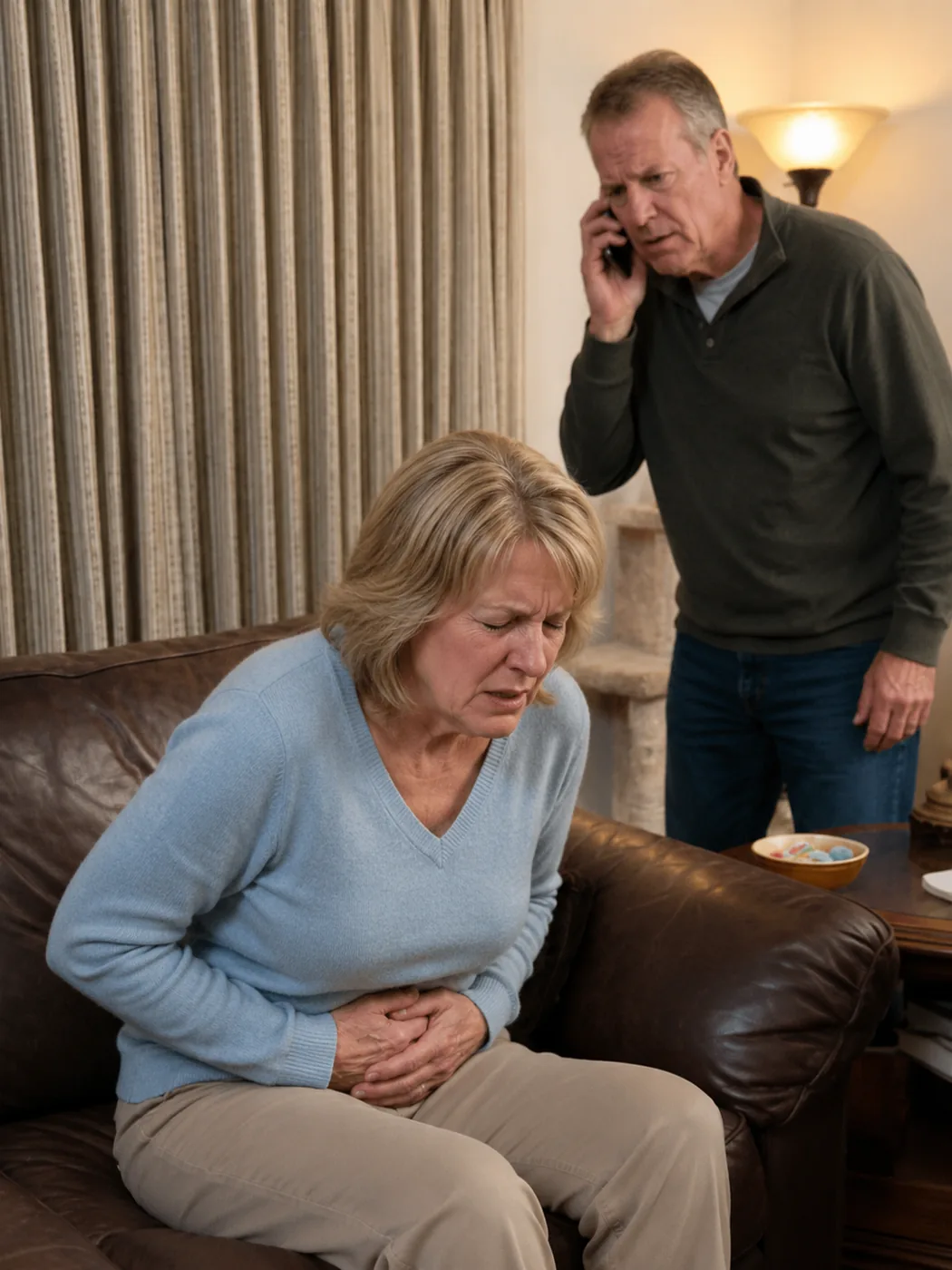 Middle-aged woman clutching abdomen in severe pain